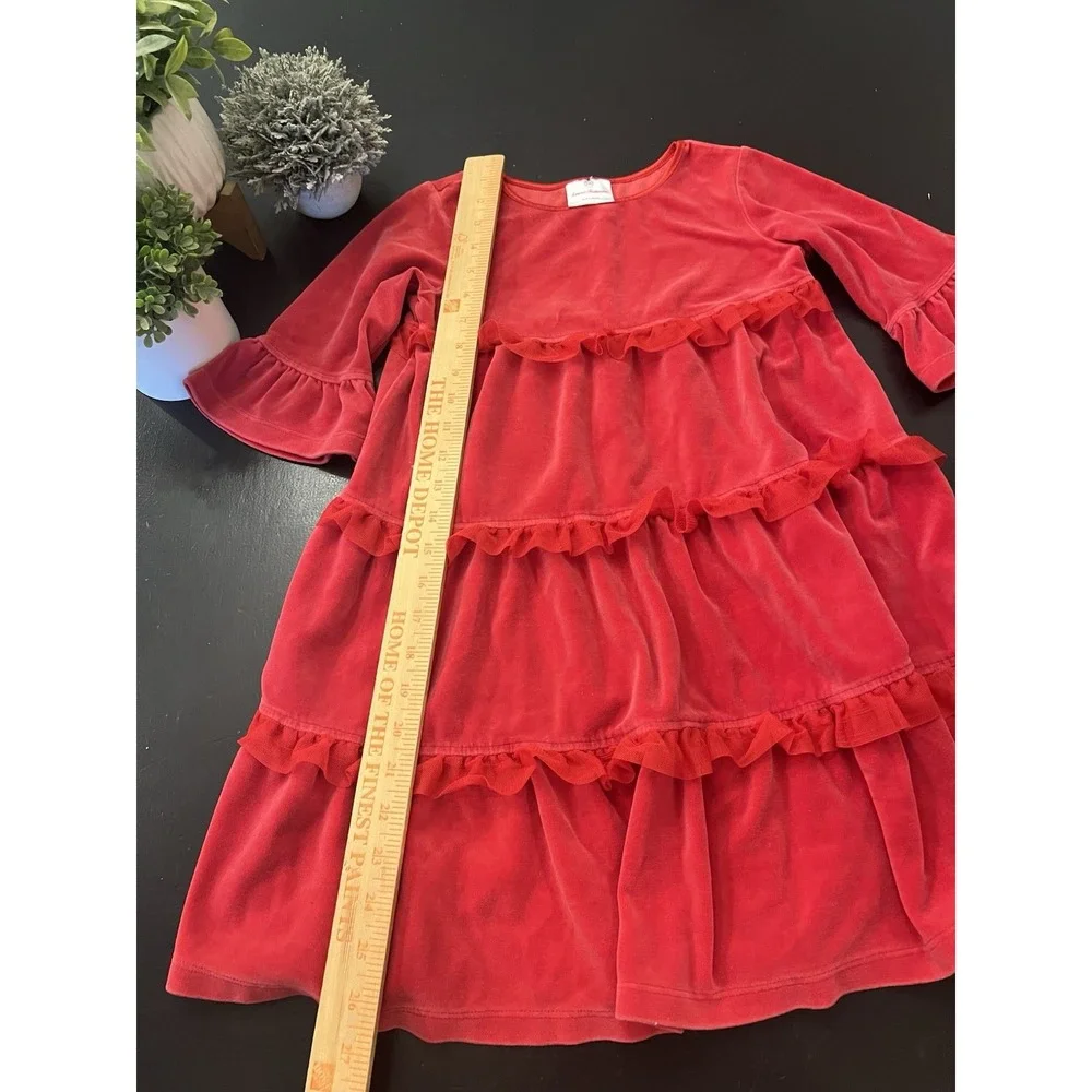 Hanna Andersson Red Velvet Ruffle Holiday Dress Sz 120 6/7 Bell Sleeve Christmas